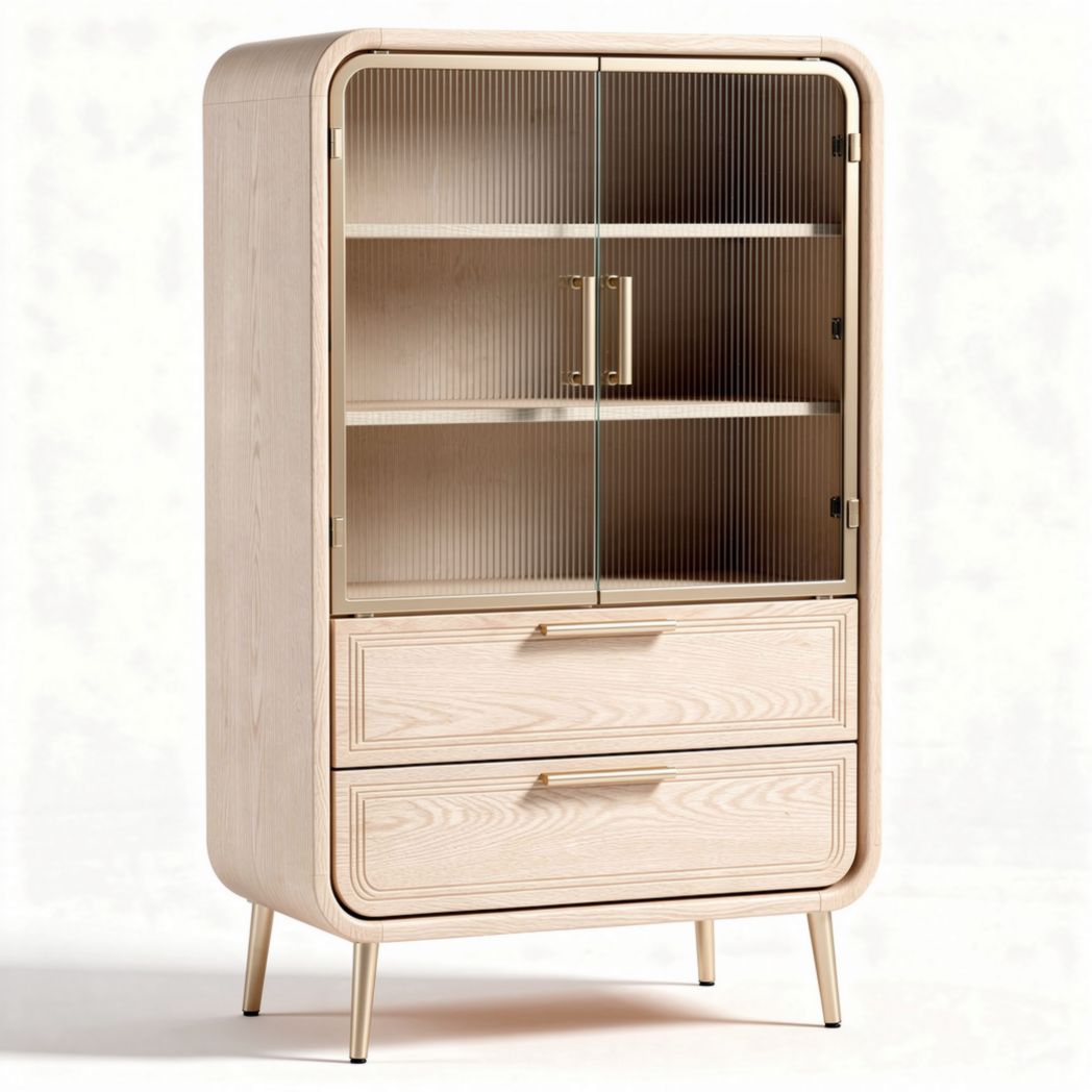 Vitrine en bois de chêne avec portes en verre et deux tiroirs 80 x 40 x 150cm