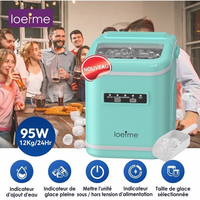 Machine à glaçons verte 12kg/24h, réservoir 1.4L, 9 glaçons en 6min, silencieuse, autonettoyante, 2 tailles de glaçons, avec poignée(Vert)