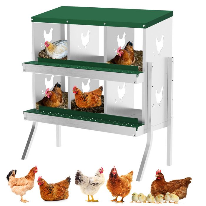Pondoir Poules Pondeuses 6 Compartiments, Poulailler en Acier Galvanisé, Collecte des Œufs, Couvercle Amovible, Pied, Vert(Vert/2 niveaux/Avec pied)