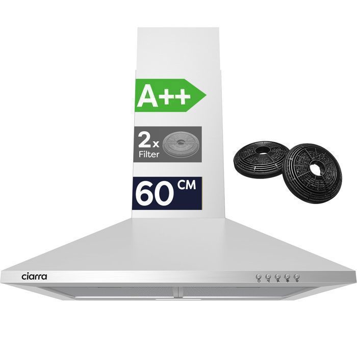 CIARRA Hotte Aspirante Murale 60cm Inox A++ 404m³/h Recyclage ou Évacuation Filtre à Charbon Inclus LED Silencieuse CBCS6201(Inox/Largeur : 60 cm)