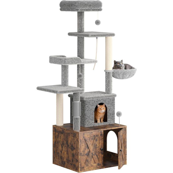 Arbre à Chat 2 en 1+ Enceinte de Litière Cachée - Meuble Chat Multiniveaux, Poteaux à Gratter, Boules Suspendues, Armoire - Marron(Gris et marron)