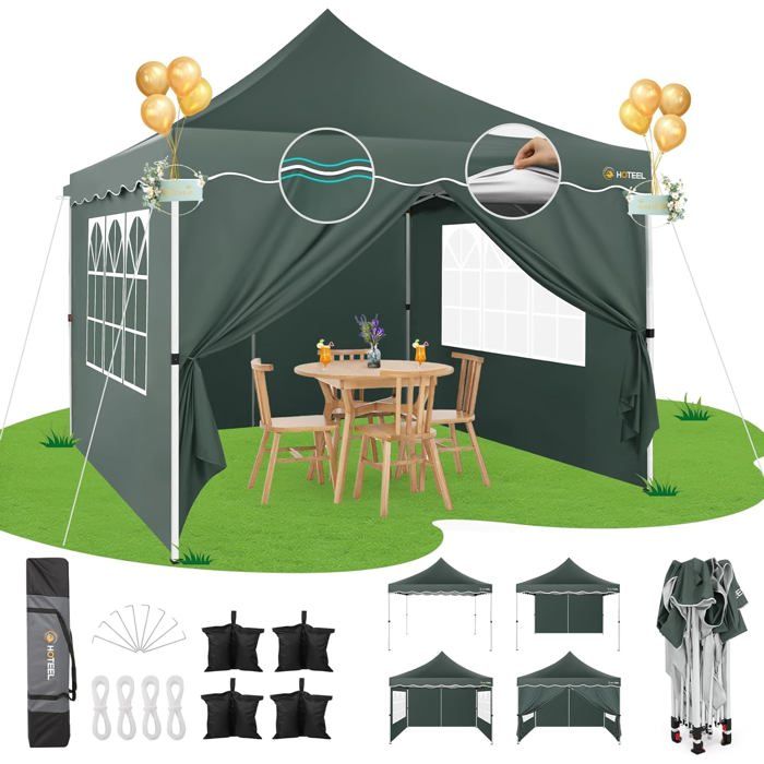 Tonnelle Pliante 3x3 Imperméable avec 4 Parois Latérales, Installation Facile,Gris(Blanc)