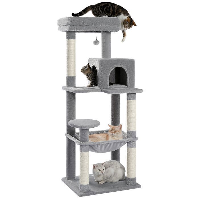 PAWZ Road Arbre à chat Design Spacieux Grande Hamac Dur Stable Avec hamac et belle maison pour chat - Gris - 143 cm(Gris/L)