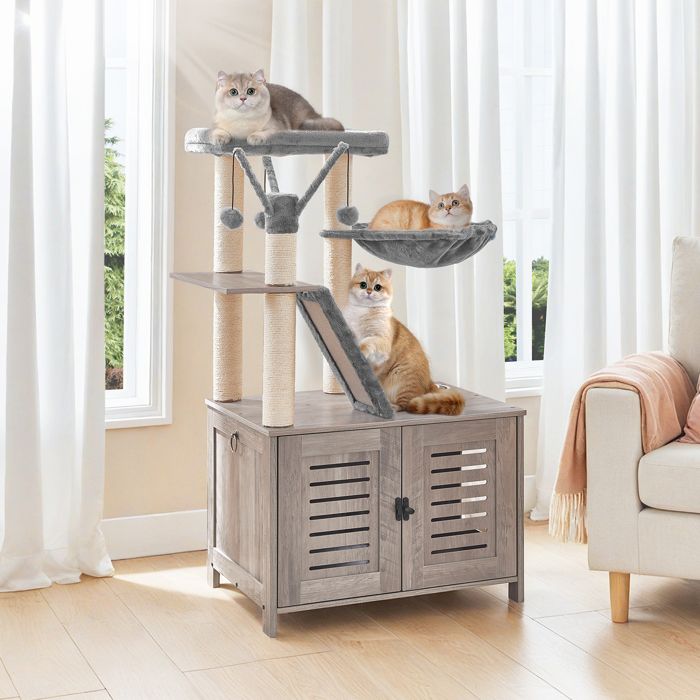 HOOBRO Arbre à Chat avec Maison de Litière pour Chat, Maison pour Chat en Bois avec Tour à Chat, Grège(Grège/56 x 48 x 112 cm)