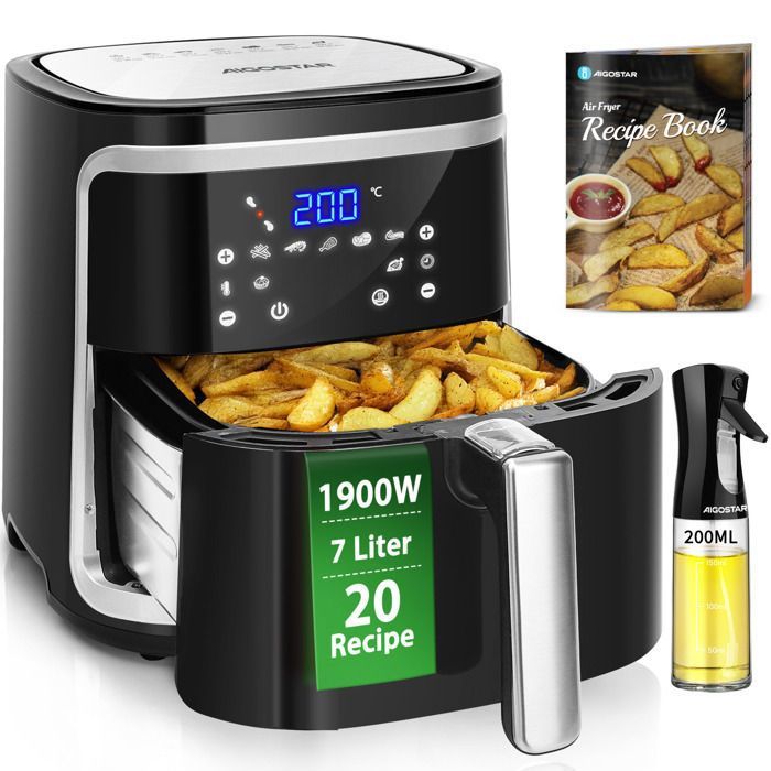 Aigostar Cube-Friteuse Air sans Huile de 7L, 1900W. 7 Prprogrammes,Mode Manuel et Fonction Maintien au Chaud. Panneau Tactile LED(Noire)
