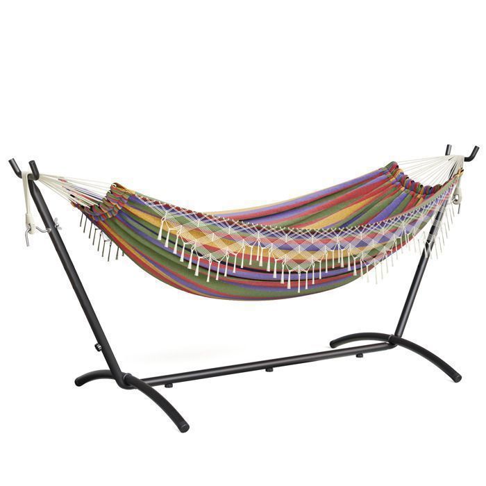 Mondeer Hamac Bohème Double Extérieur sur Pied avec Support | Charge Max 200kg | Cadre Fer Réglable + Sac de Transport | Rouge(Frange tressée à 6 torons/Beige)