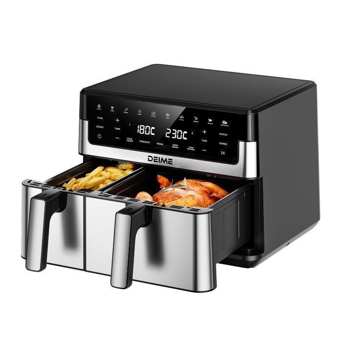 DEIME Air Fryer 6.5L+3.5L - Friteuse sans Huile 10L - Double cuve - 10 Programmes de cuisson - 2800W - Noir(Noir et gris/Capacité : 10L)