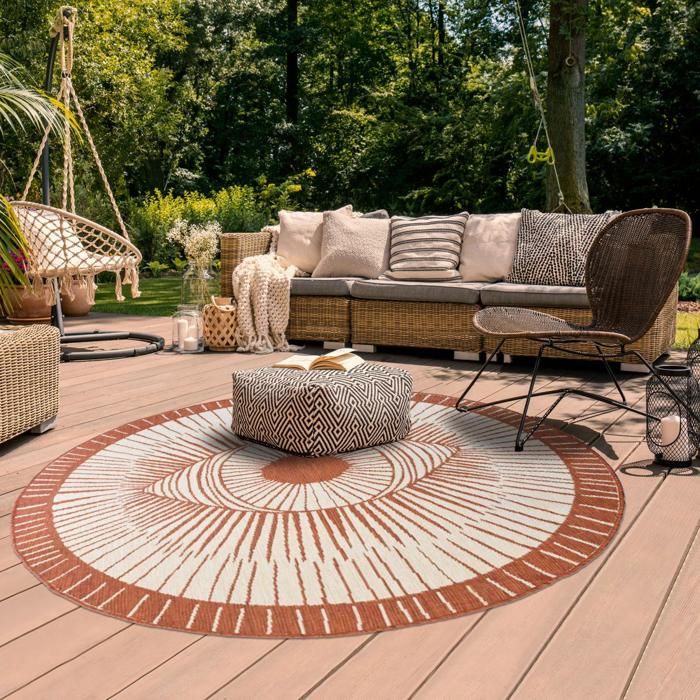 Tapis rond d'extérieur, kilim reversible Ø120cm LYN2 B ROND REVERSIBLE orange et crème(Marron/120 x 170 cm)