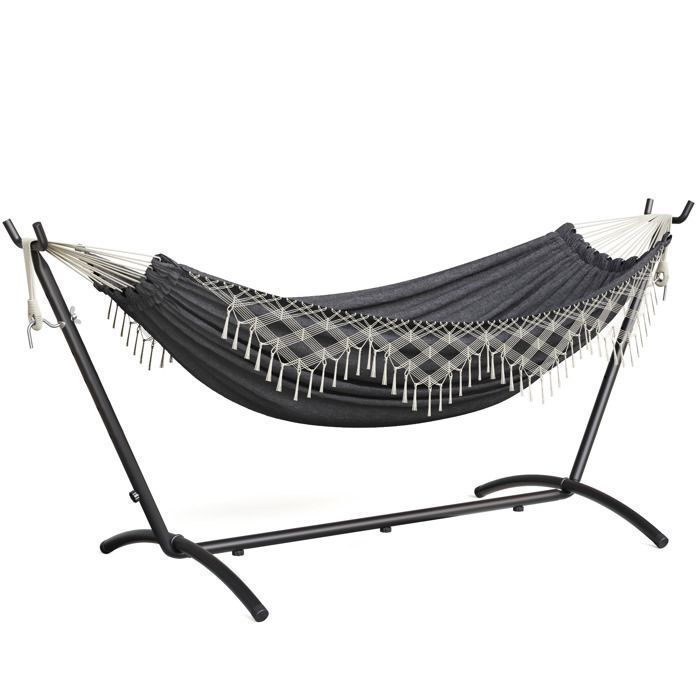 Mondeer Hamac Bohème Double Extérieur sur Pied avec Support | Charge Max 200kg | Cadre Fer Réglable + Sac de Transport | Gris(Frange tressée à 6 torons/Beige)
