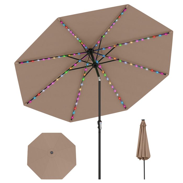 Parasol de Jardin 3M - 96 LED à 9 Modes - COSTWAY-Inclinaison Réglable 35° - Protection Solaire - 8 Baleines pour Terrasse Marron(Beige)