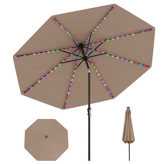 Parasol de Jardin 3M - 96 LED à 9 Modes - COSTWAY-Inclinaison Réglable 35° - Protection Solaire - 8 Baleines pour Terrasse Marron(Beige)