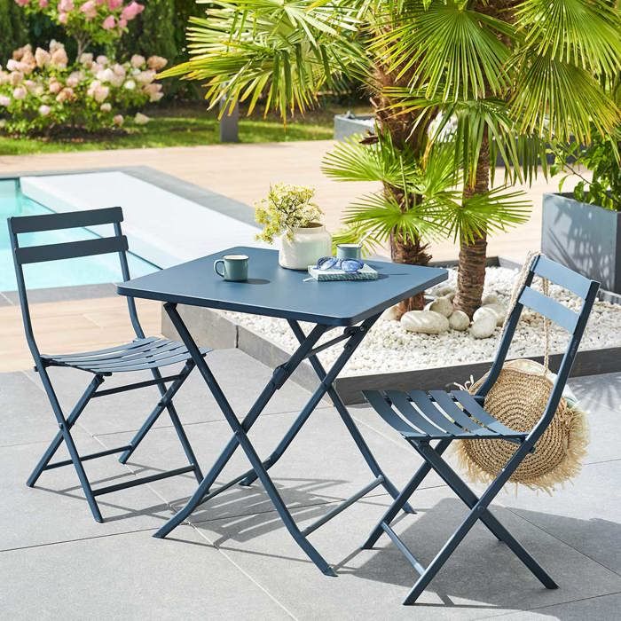 Table de jardin pliante carrée Greensboro pétrole 2 places en acier traité époxy - Hespéride(Pétrole/2 places)