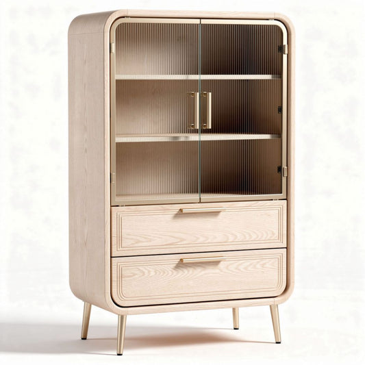 Vitrine en bois de chêne avec portes en verre et deux tiroirs 80 x 40 x 150cm