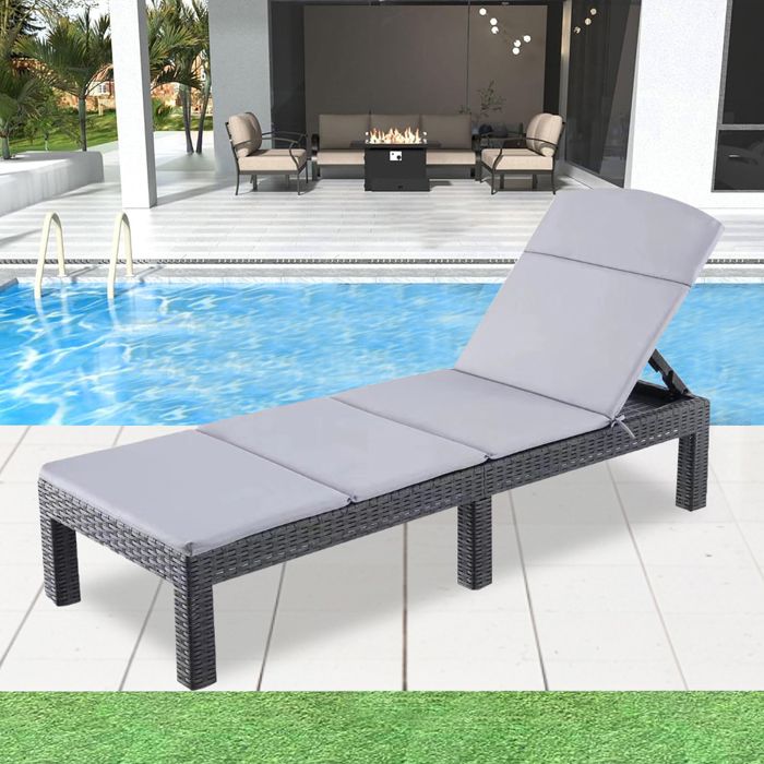 Bain de soleil -Chaise longue de jardin avec coussin gris, inclinable multi-positions,, pour piscine, terrasse et extérieur(1 Transat)