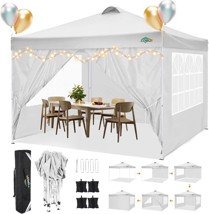 Tonnelle 3x3 - Tonnelle Pliante de Jardin Imperméable avec 4 Parois Latérales - Blanc(Blanc/3 x 3 m)
