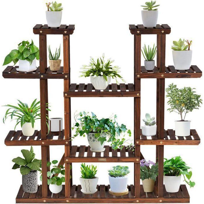 Porte-Plante avec 9 Tablettes pour 18 Pots COSTWAY en Bois, 125 x 25 x 114 CM Étagère à Fleurs pour Terrasse Jardin Balcon Salon(125 x 25 x 114 CM)