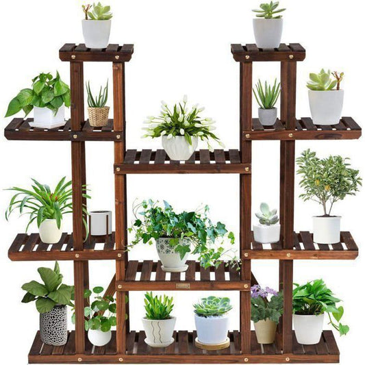Porte-Plante avec 9 Tablettes pour 18 Pots COSTWAY en Bois, 125 x 25 x 114 CM Étagère à Fleurs pour Terrasse Jardin Balcon Salon(125 x 25 x 114 CM)