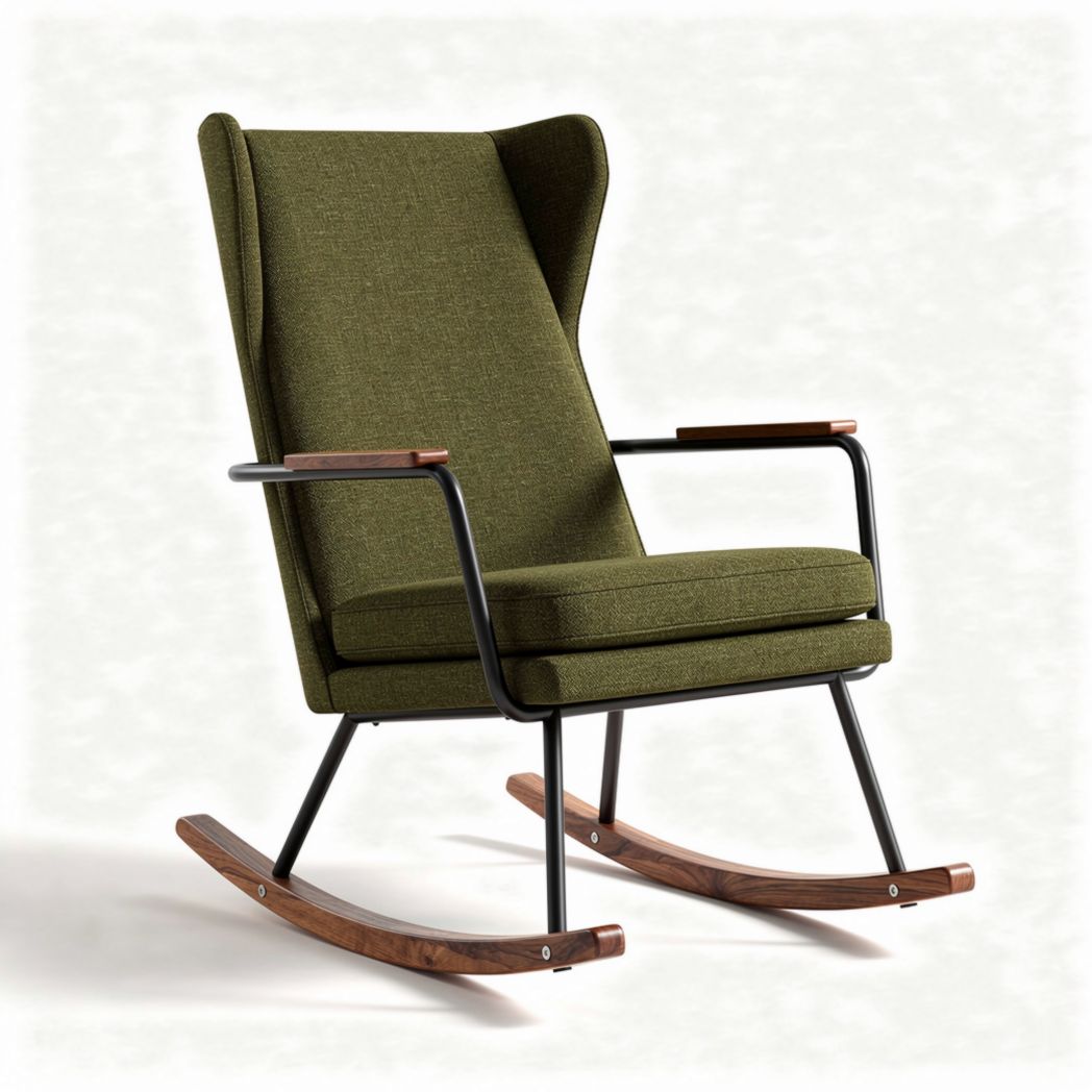 Fauteuil à bascule en tissu vert avec accoudoirs en bois et structure métallique 75 x 80 x 100cm