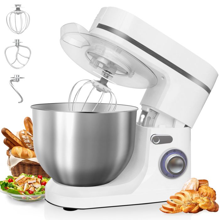 KITYTETY Robot Pâtissier 1600W, Robot pétrin multifonction avec Bol 8 L, Batteur, Fouet, Crochet, 6 Vitesses Robot de cuisine Blanc(Blanc/Capacité : 5 L/33 x 12 x 31)