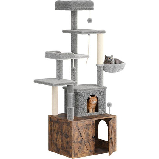 Arbre à Chat 2 en 1+ Enceinte de Litière Cachée - Meuble Chat Multiniveaux, Poteaux à Gratter, Boules Suspendues, Armoire - Marron(Gris et marron)