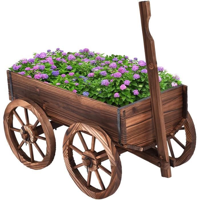 GOPLUS Brouette à Fleurs en Sapin Colonisé avec Poignée réglable et 4 Roues pour patio, jardin, terrasse,120 X 43 X 53,50 CM,Marron(Marron/120 x 43 x 54 cm)