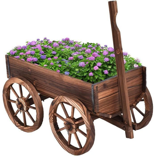 GOPLUS Brouette à Fleurs en Sapin Colonisé avec Poignée réglable et 4 Roues pour patio, jardin, terrasse,120 X 43 X 53,50 CM,Marron(Marron/120 x 43 x 54 cm)