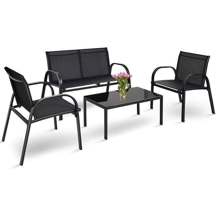 COSTWAY Ensemble Salon de Jardin 4 Places, 2 Fauteuils, 1 Canapé et 1 Table Basse en Verre, Tissu Respirant Anti-UV, Noir(Noir 2)