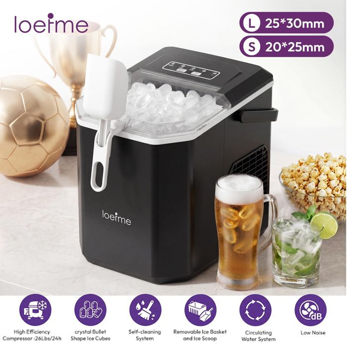 LOEFME Machine à glaçons 1.2L-9 Glaçons en 6 min 12kg/24h- autonettoyante silencieuse, deux tailles de glace，Avec support(Noir)