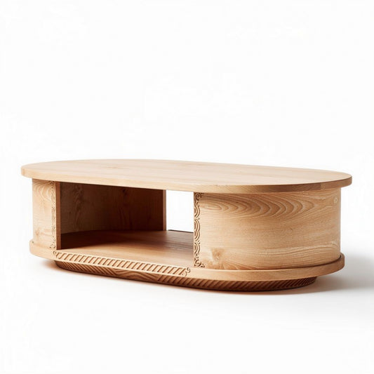 Table basse en bois clair ovale avec compartiment de rangement 120 x 60 x 30cm