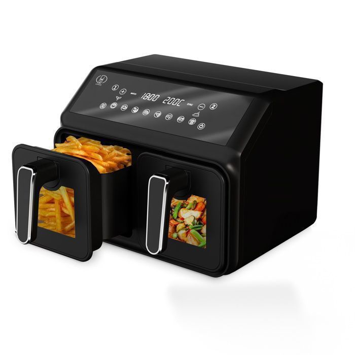 Airfryer 8L 2200W,Friteuse sans huile 2 compartiments,Fenêtre de Visualisation,10 Programmes Automatiques,Friteuse à air chaud(Capacité : 4L*2)
