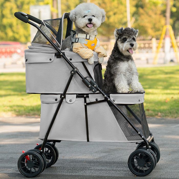 MIPAN.Double Couche Poussette Chien Chat- Pliable - Avce Ceinture de Sécurité + Animaux Voyage Poussette - 67 x 50 x 95 cm - Gris(Gris)