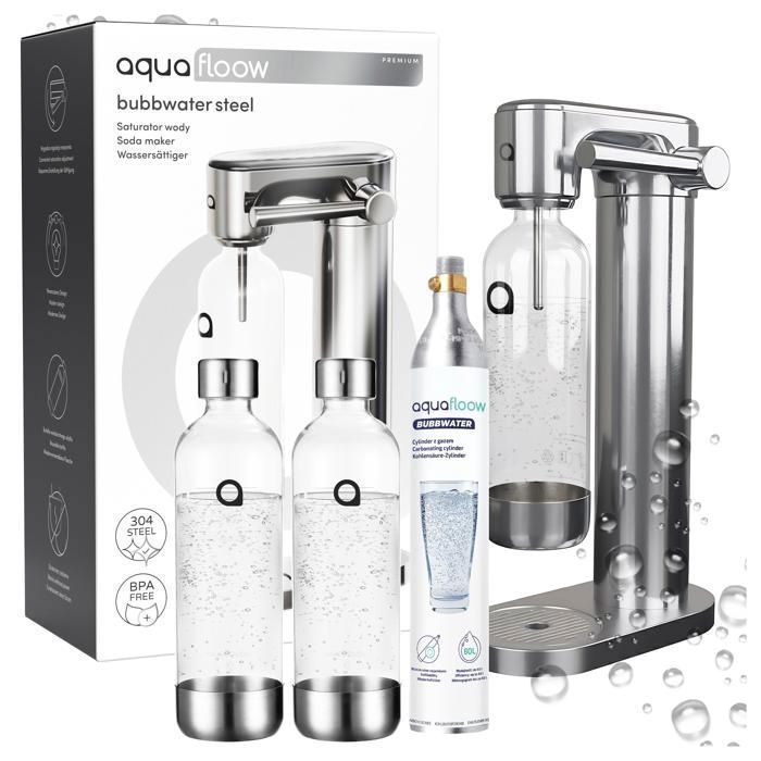 AQUAFLOOW Machine à soda eau pétillante – acier – 2 bouteilles de 0,8 l – cylindre CO₂ inclus - Réglage d'intensité des bulles(Machine + 2 bouteilles + Cylindre de CO2)