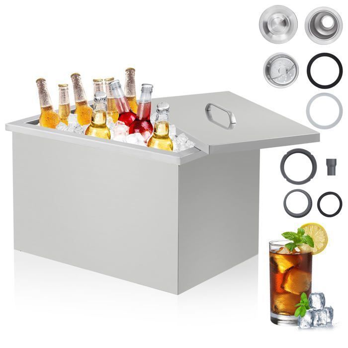 Congélateur coffre 74 L, Bac à glace encastrable inox 304, Isolation mousse PU, Avec évacuation et bouchon, 55 x 45 x 30 cm(Argenté/Couvercle à charnière/18 x 12 x 14 inch)