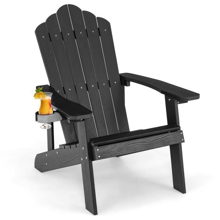 COSTWAY Fauteuil de Jardin Adirondack en HIPS Bois Massif Imperméable avec Porte-Gobelet Charge 170KG pour Piscine Terrasse, Noir(Noir)
