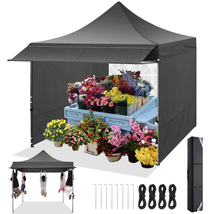 Tonnelle Pliante 3x3m avec Parois Latérales, Imperméable et Protection UV, Facile à Monter, avec Sac de Transport-Noir(Gris)