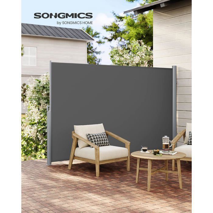 Brise-Vue, Paravent extérieur rétractable, 350 x 160 cm (L x H), Toile en Polyester 280 g/m², Gris anthracite, SONGMICS(Gris foncé/160 x 350 cm/Acier)