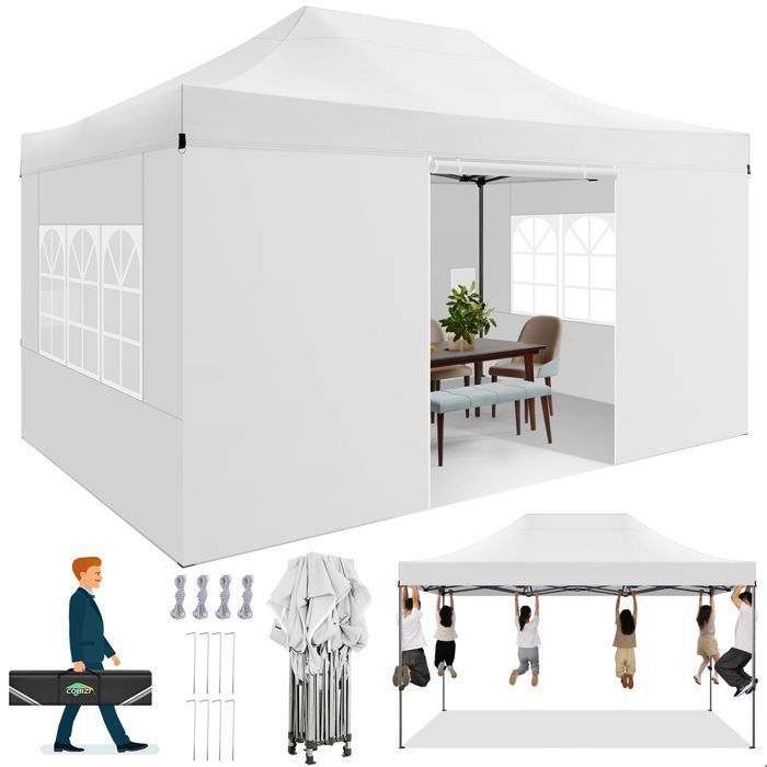 Tonnelle de Jardin,3X4.5m Tonnelle Pliante POP-UP avec 4 Parois Latérales - Tente Imperméable, Protection du Soleil UV 50+, Blanc(Blanc/3 x 3 m avec Parois Latérales)
