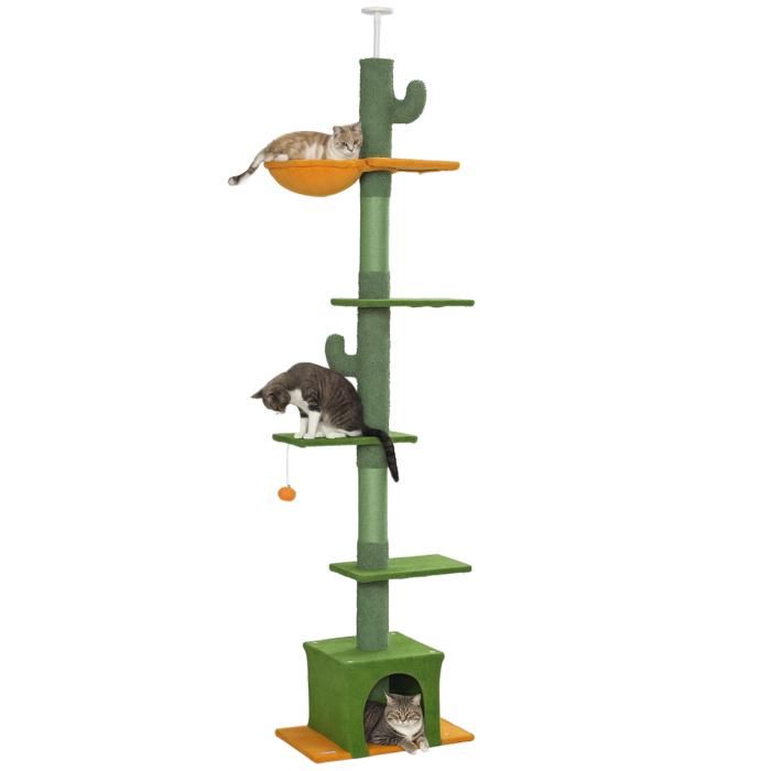 Arbre à chat - PawHut - 275H cm - du sol au plafond - 6 niveaux pour chat d'intérieur - plate-formes, niche, hamac, balle - vert(Vert)