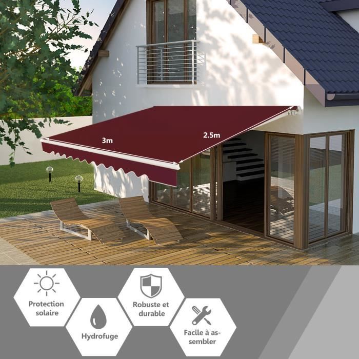 COSTWAY Store Banne de Balcon Rétractable 3 X 2,5M-Tissu Résistant aux UV et à l'Eau Cadre Aluminium Angle Réglable 5-35° Vin Rouge(Beige/3 X 2)