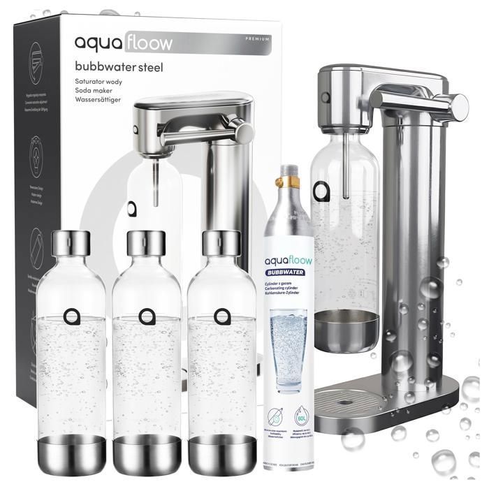 Aquafloow Machine à soda eau pétillante – acier – 3 bouteilles de 0,8 l – cylindre CO₂ inclus - Réglage d'intensité des bulles(Machine + 3 bouteilles + Cylindre de CO2)