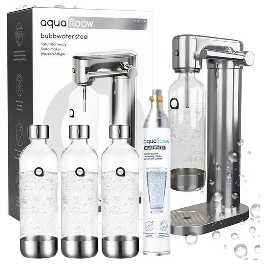 Aquafloow Machine à soda eau pétillante – acier – 3 bouteilles de 0,8 l – cylindre CO₂ inclus - Réglage d'intensité des bulles(Machine + 3 bouteilles + Cylindre de CO2)