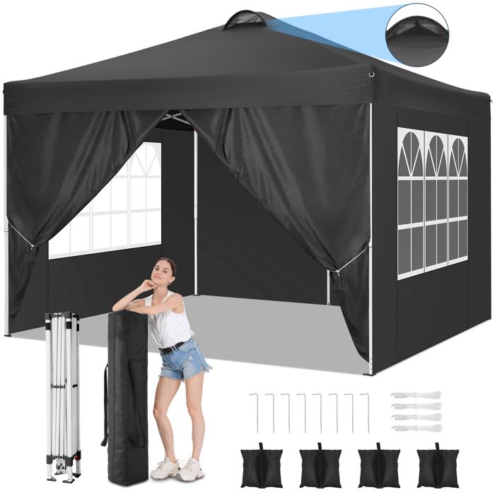 Tonnelle 3x3 - Tonnelle Pliante de Jardin Imperméable avec 4 Parois Latérales - Noir(Blanc/3 x 3 m)
