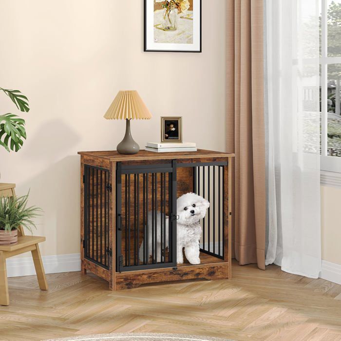 69 cm Cage pour Chiens, Table d’Appoint, Niche Moderne pour Chiens, Cage pour Chiots, 2 Portes, 69 × 49 × 64,5 cm, Marron Rustique(Marron rustique)