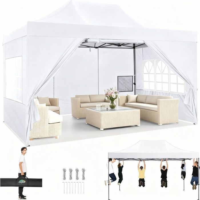 Tonnelle pour Plage Terrasse Camping- Blanc(Blanc/3 x 3 m (Avec 4 parois latérales))