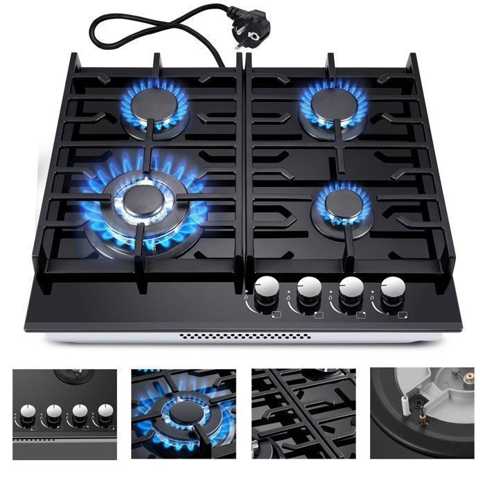 Plaque de cuisson gaz - 8000 W - Table de cuisson gaz encastrable - 4 foyers - Gaz Naturel/Propane - Verre Noir(4 brûleurs)