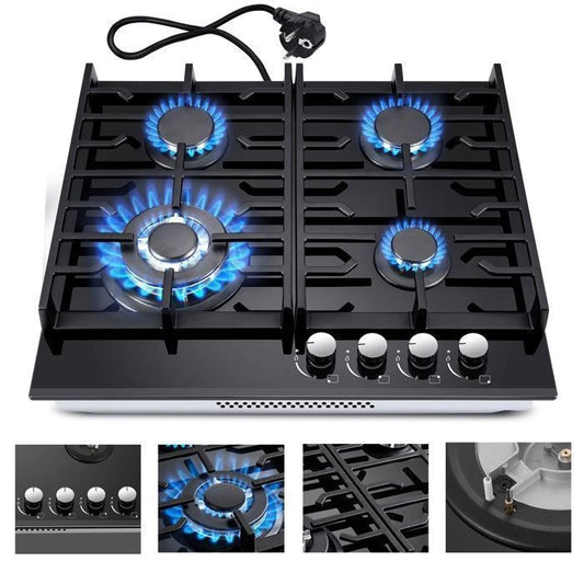 Plaque de cuisson gaz - 8000 W - Table de cuisson gaz encastrable - 4 foyers - Gaz Naturel/Propane - Verre Noir(4 brûleurs)
