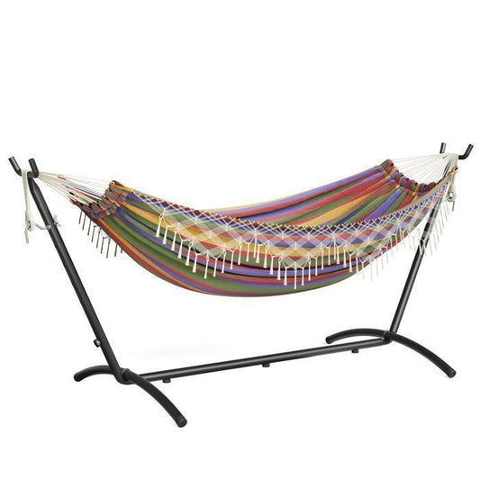 Mondeer Hamac Bohème Double Extérieur sur Pied avec Support | Charge Max 200kg | Cadre Fer Réglable + Sac de Transport | Rouge(Frange tressée à 6 torons/Beige)