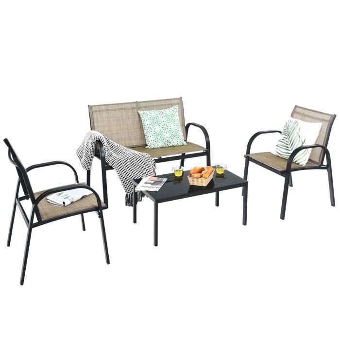 COSTWAY 4 Pcs Salon de Jardin en Textilène - Ensemble Table en Verre Trempé et Chaises, 4 Personnes, Patins Antidérapants - Marron(Marron)