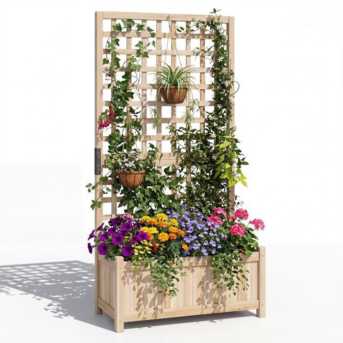 Jardinière avec Treillis en Bois COSTWAY, Trous de Drainage, Fond Amovible, Jardinière Brise-Vue pour Plantes Grimpantes, Naturel(Naturel)
