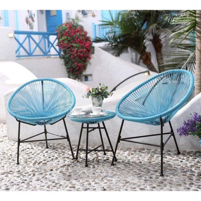 ACAPULCO - Ensemble 2 fauteuils oeuf + table basse bleu(Bleu)